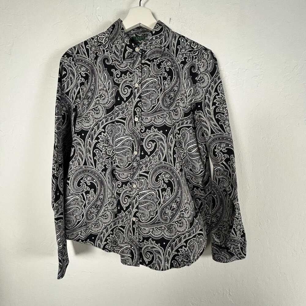 Lauren Ralph Lauren Womens Black Paisley Button-Up Shirt Medium Non-Iron Cotton